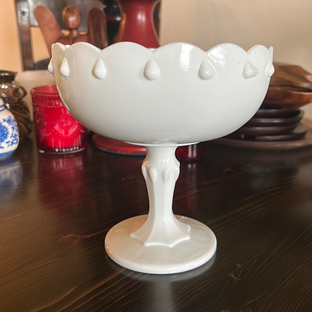 Large Vintage Mid-Century Milk Glass Compote Tear Drop Pedestal Bowl, Candy Dish